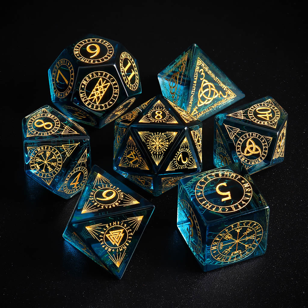 Blue Prism Glass Gemstone Dice - Engraved 16mm D6 DND Dice Set
