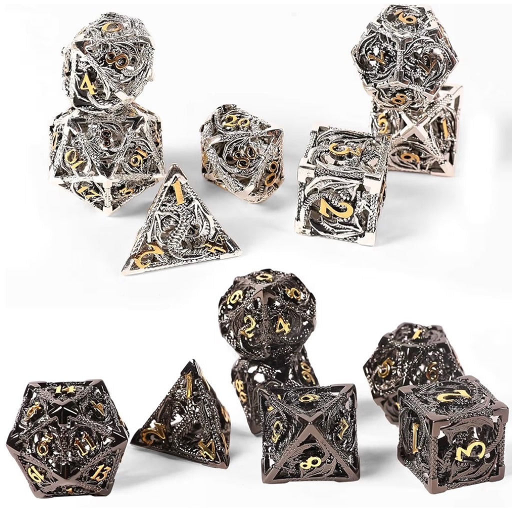 Dragon Pattern Metal Dice Set - 7-Piece DND Dice