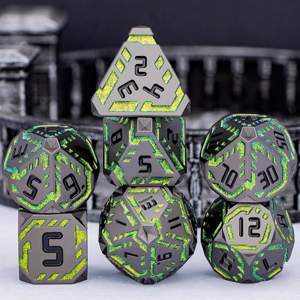Metal Sci-Fi Dice Set - 7-Piece Glitter Stripe DND Dice with Gift Box