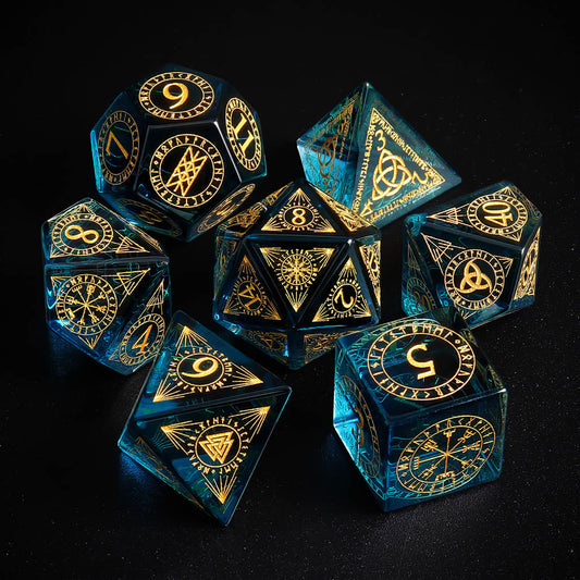 Blue Prism Glass Gemstone Dice - Engraved 16mm D6 DND Dice Set